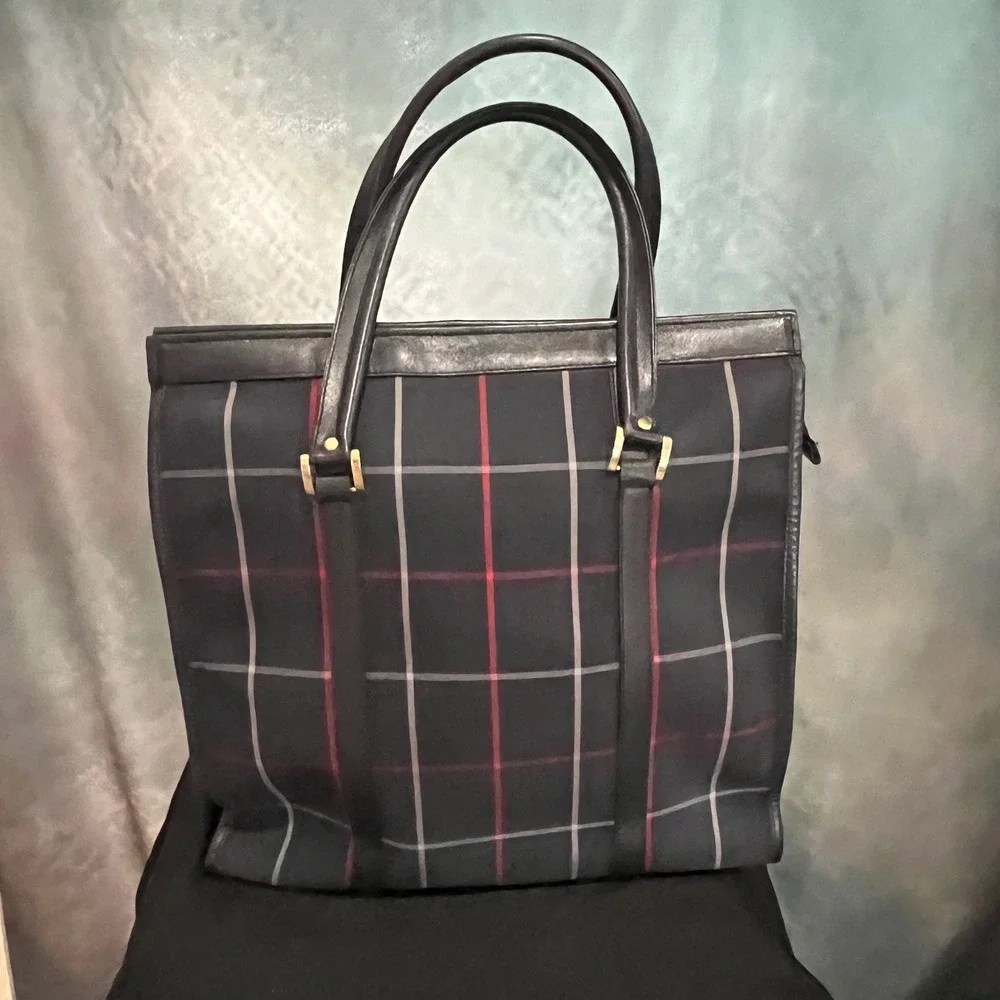 Burberrys Vintage Navy Check Canvas Leather Tote Bag Made in England‎ Prorsum